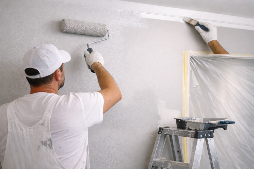 Professional painter applying second coat to interior wall