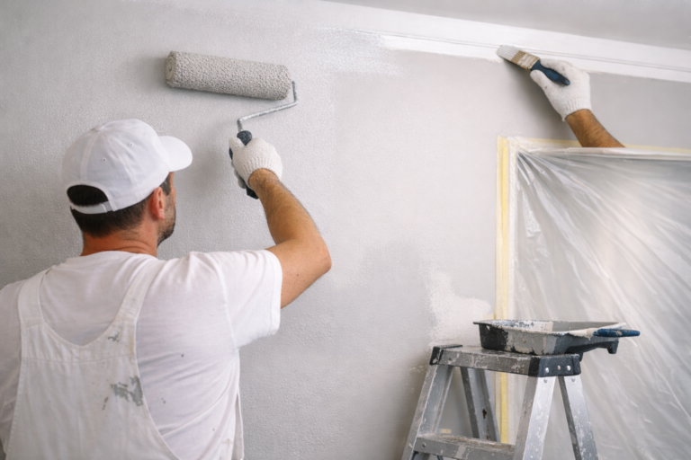 Professional painter applying second coat to interior wall