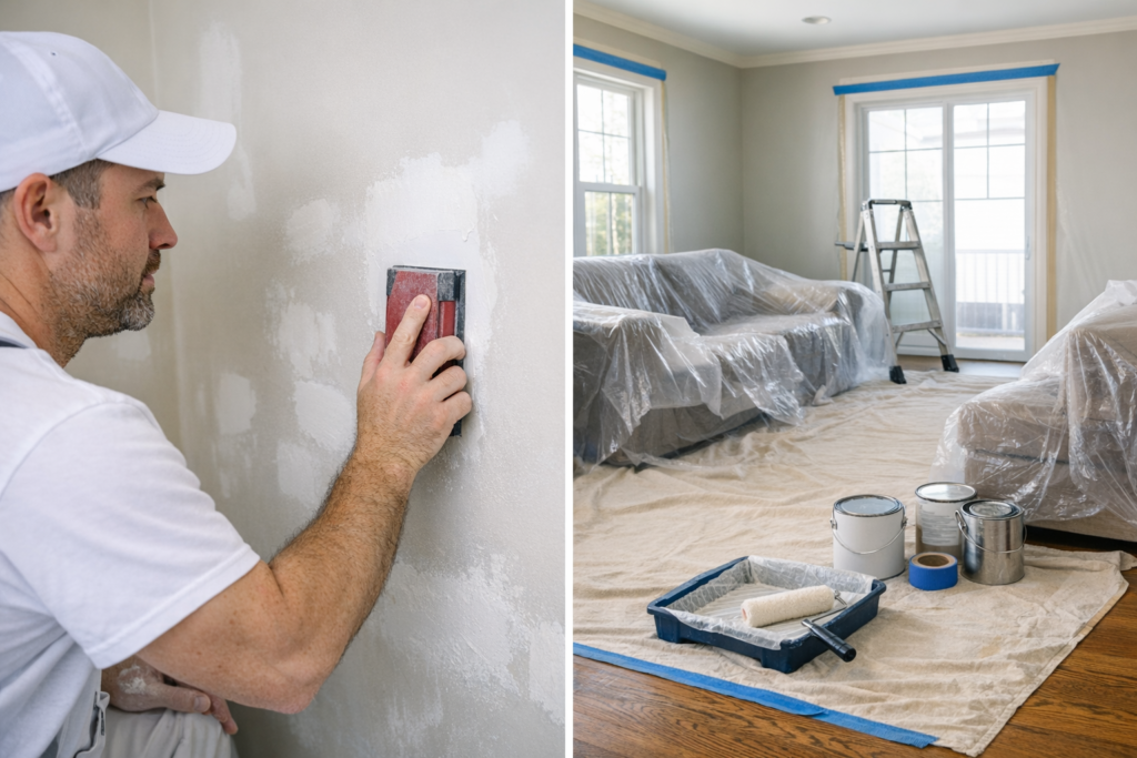 Living room covered in drop cloths for painting prep