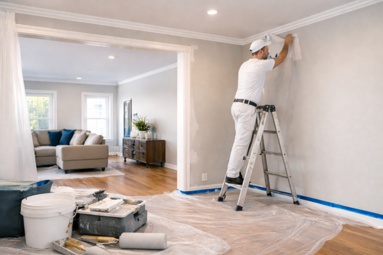 close up of professional painter cutting clean lines along trim