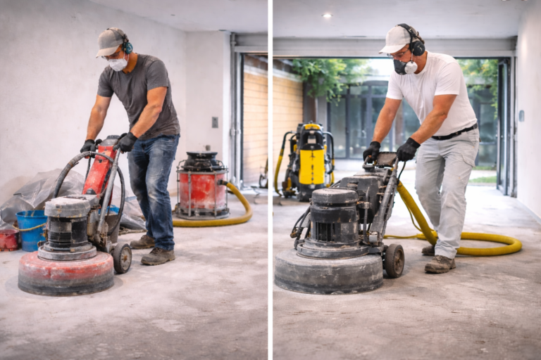 Professional contractor and a DIY grinding concrete floor in Perth garage