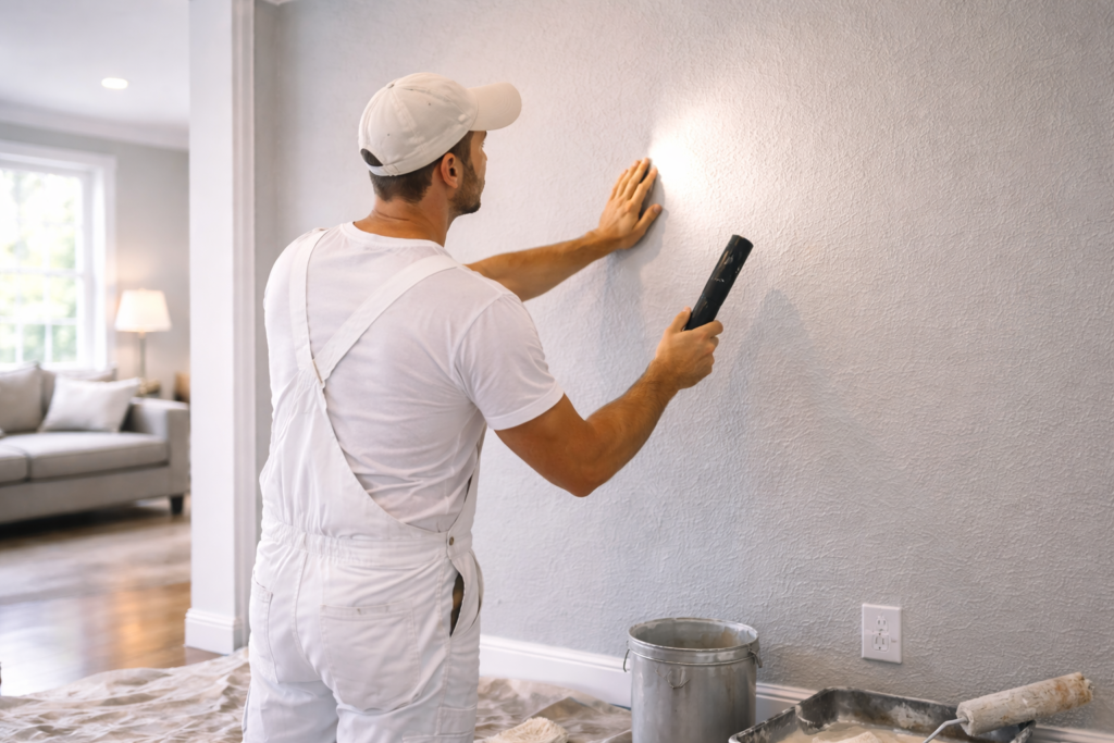 painter inspecting wall surface before applying second coat