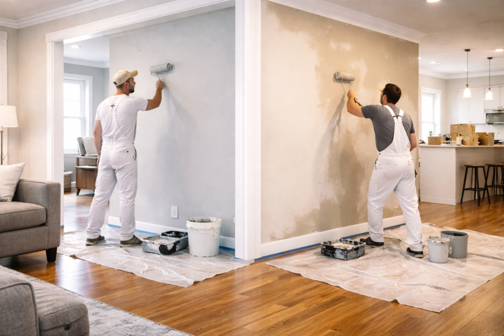 side by side comparison of builder paint finish and professional repaint