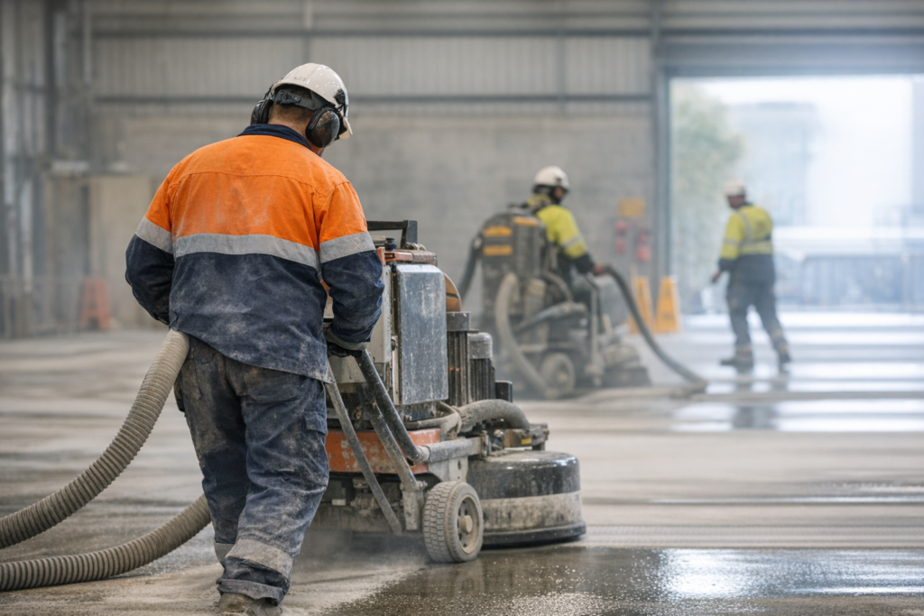 Commercial floor grinding in Perth warehouse with dust control system