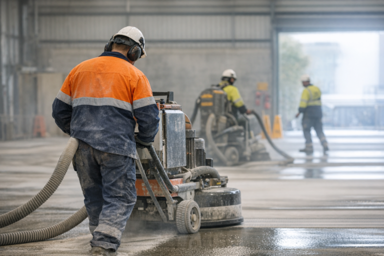 Commercial floor grinding in Perth warehouse with dust control system