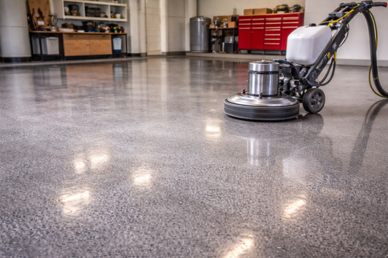 Concrete polishing machine creating smooth glossy floor in Perth WA