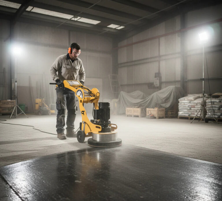 Professional contractor grinding concrete garage floor in Perth