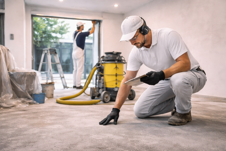Professional painter inspecting concrete floor in Belmont WA home