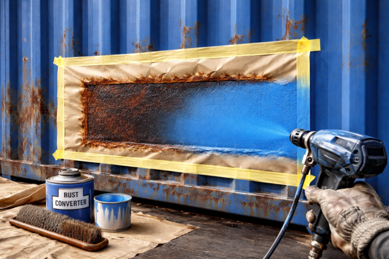 close up of sea container repaint process with masked rust treatment area