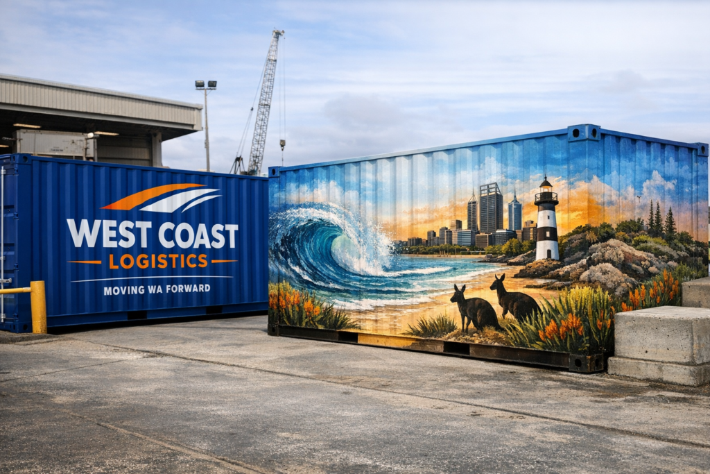 branded shipping container and mural painted container in a Perth industrial yard