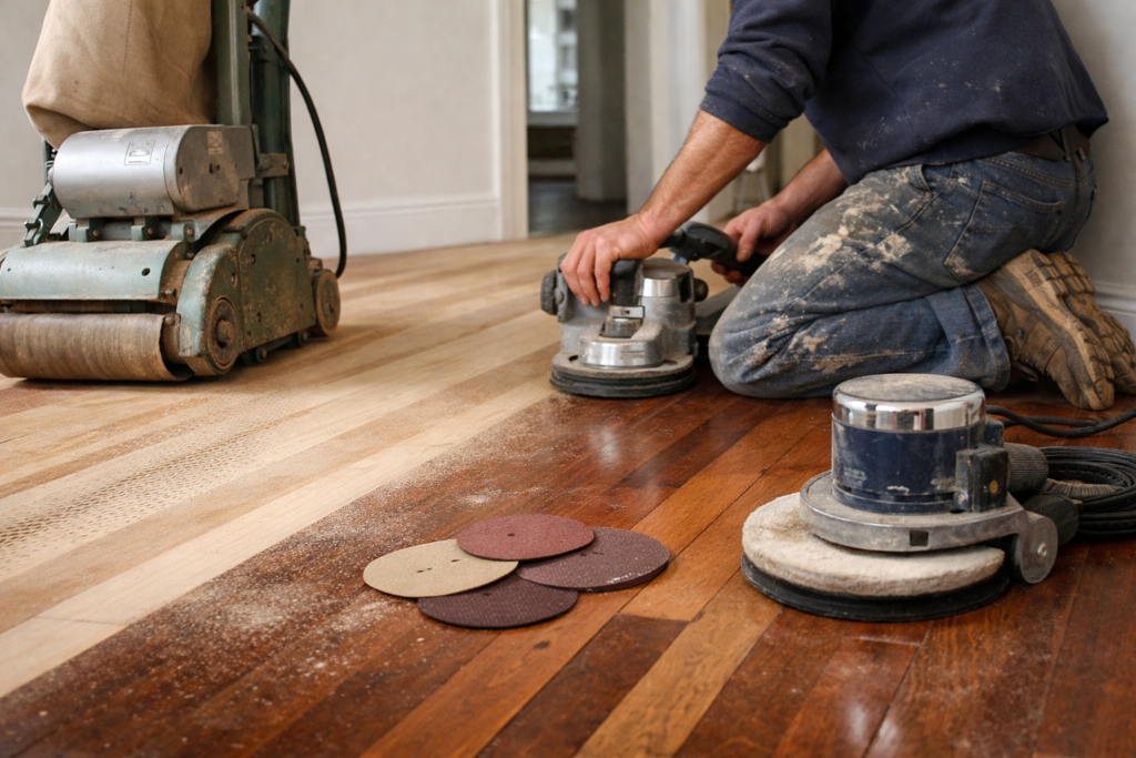 floor sanding machine restoring hardwood timber floor indoors