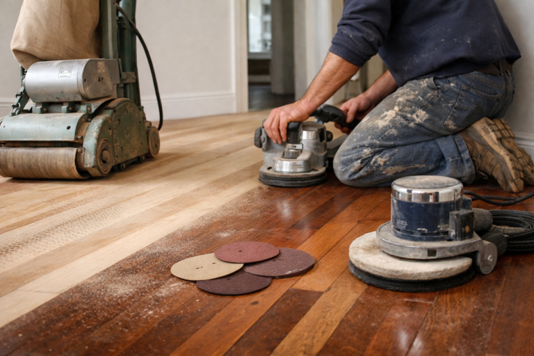 floor sanding machine restoring hardwood timber floor indoors