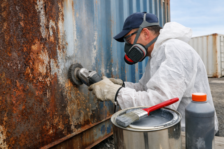 worker grinding rust off a steel shipping container in Perth WA