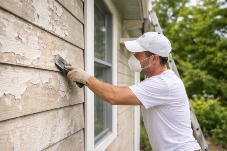 painter fixing peeling paint on house exterior