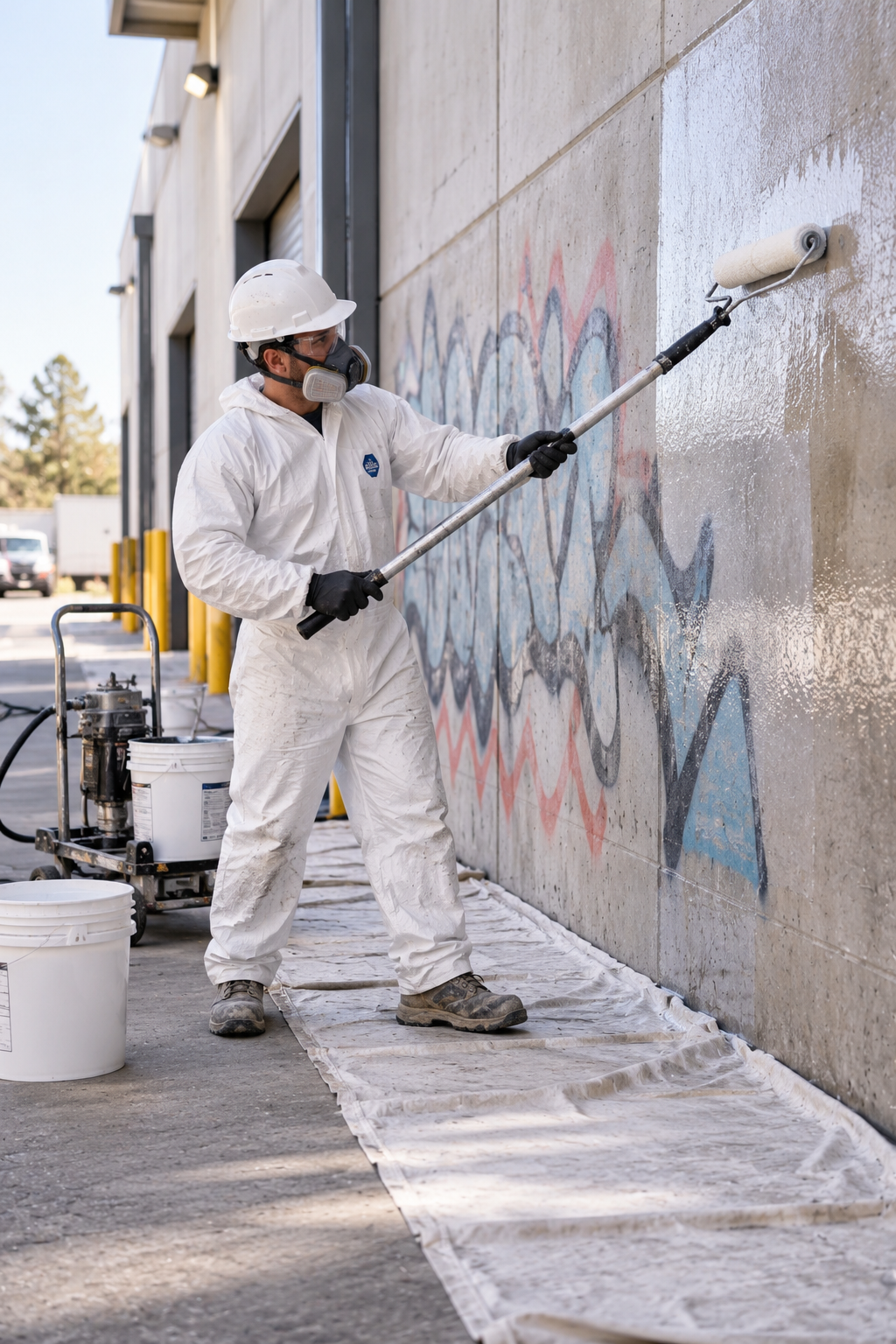 Worker applying a protective anti-graffiti coating to an exterior concrete wall