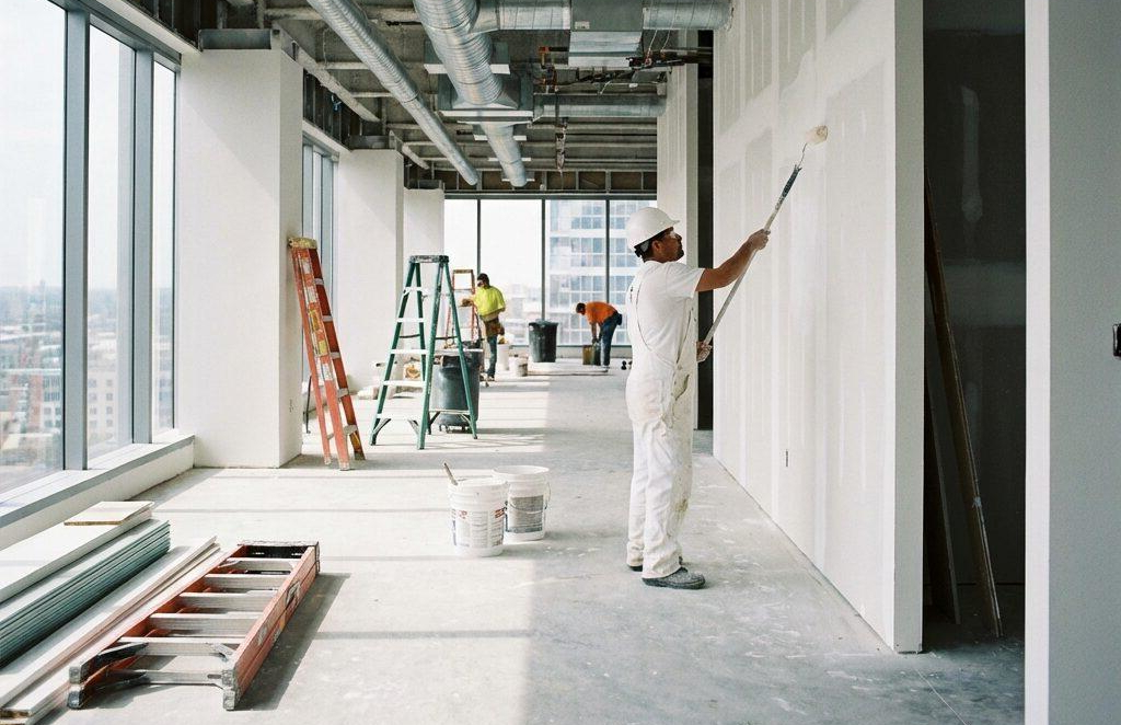 Commercial painters painting an office interior as part of a commercial painting project