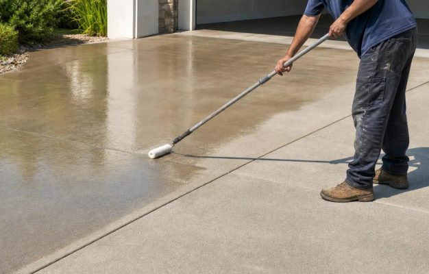Roller applying a coating to a concrete driveway surface