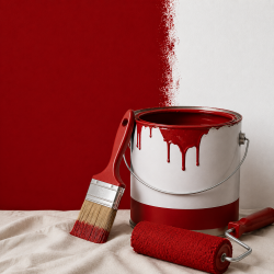 Paint bucket and brush for professional interior painting and finishes