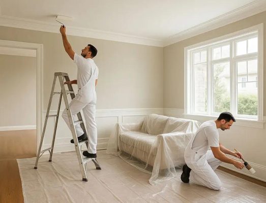Professional painters working on a home renovation painting project