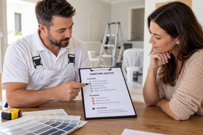 House painter explaining a residential painting quote to a homeowner in Perth