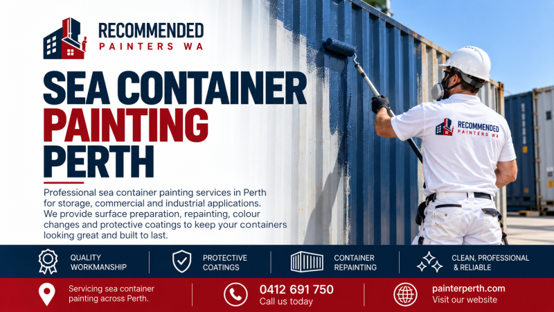 Professional painter applying a protective coating to a shipping container in Perth for Recommended Painters WA