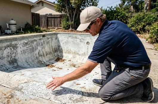 Concrete swimming pool being assessed before recoating in Perth